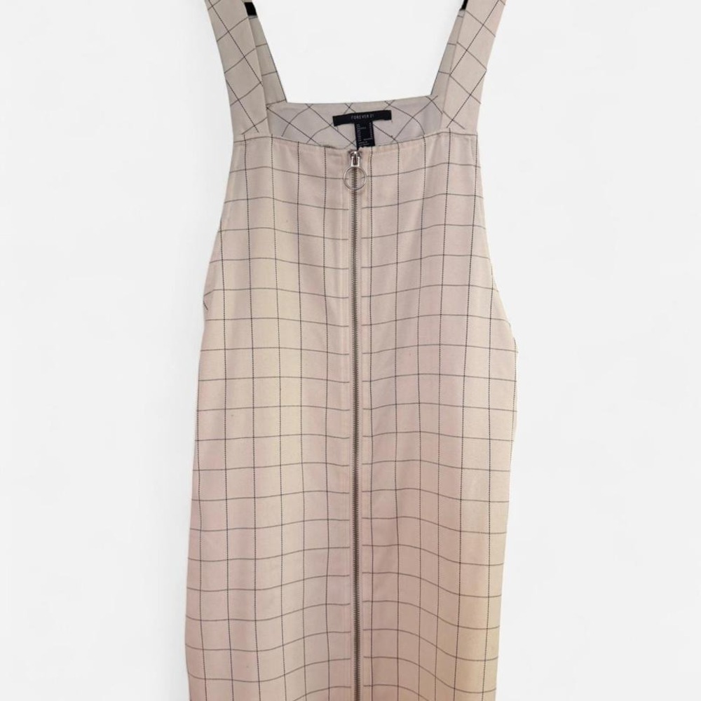 Forever 21 Cream Black Grid Windowpane Zip Front Pinafore Overall Dress Medium